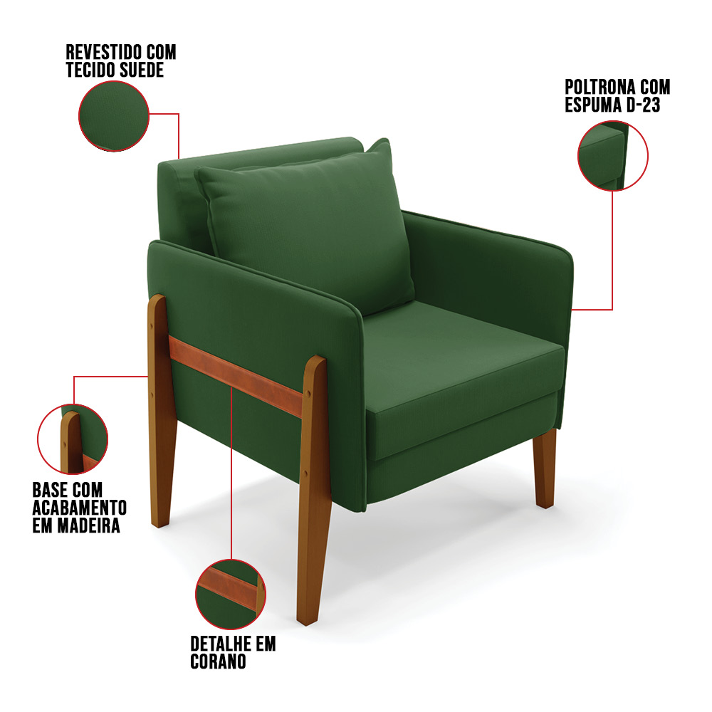 Poltrona Lana Suede Verde Base de Madeira - D'Rossi