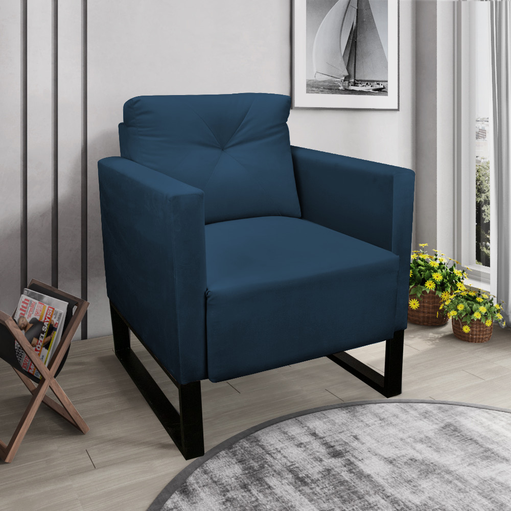 Poltrona Luisa Suede Azul Marinho Base Industrial Metálica Preto - D'Rossi