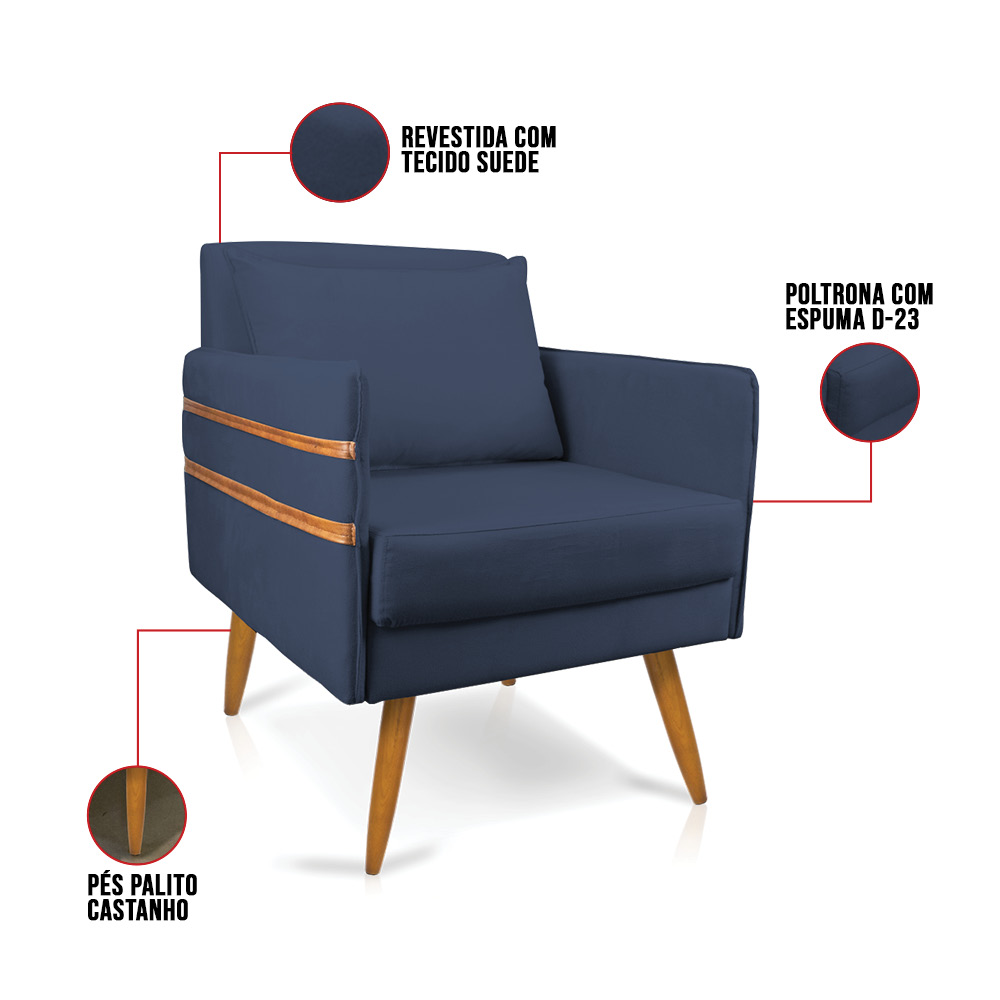 Poltrona Mari Suede Azul Marinho Pés Palito Castanho - D'Rossi