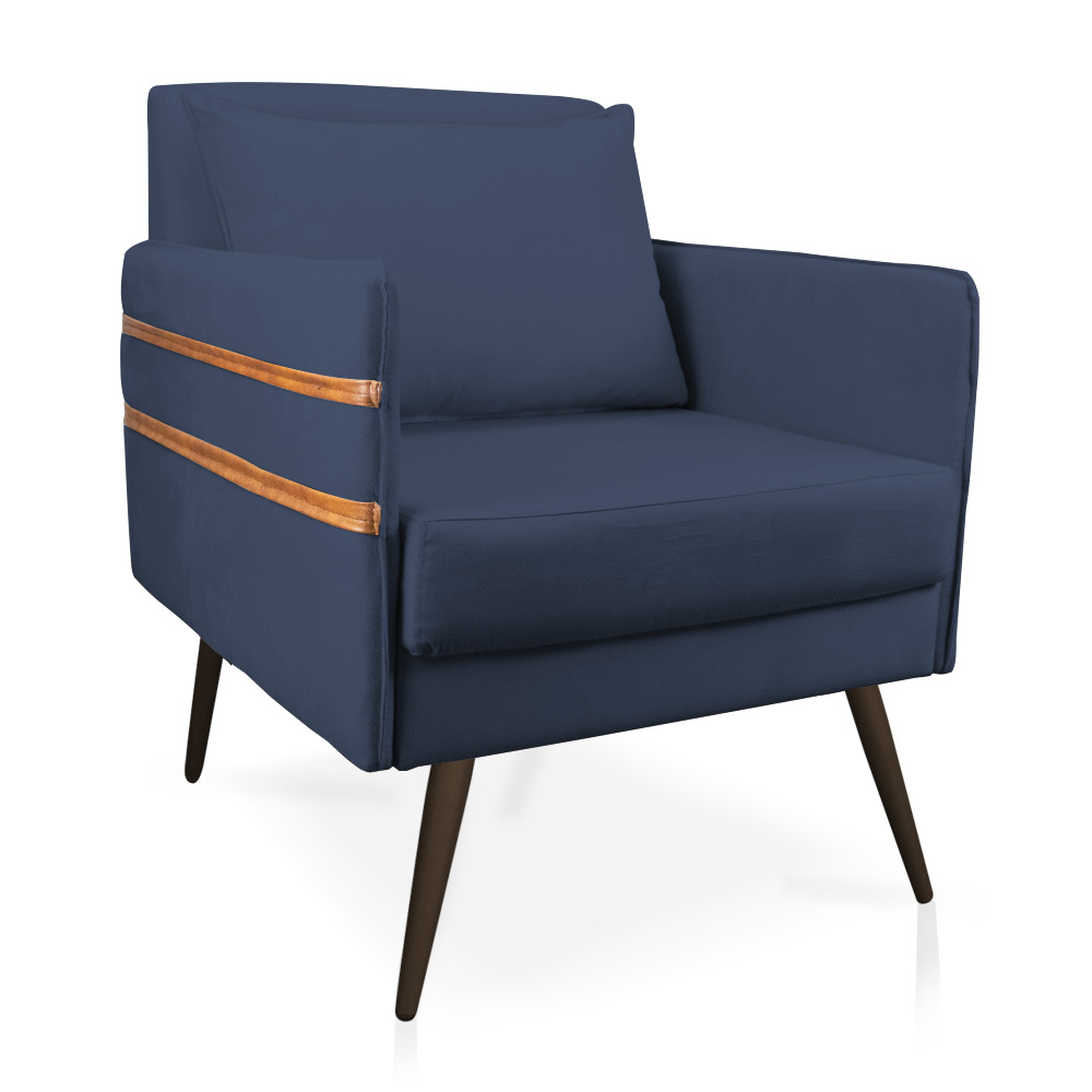 Poltrona Mari Suede Azul Marinho Pés Palito de Ferro Marrom - D'Rossi