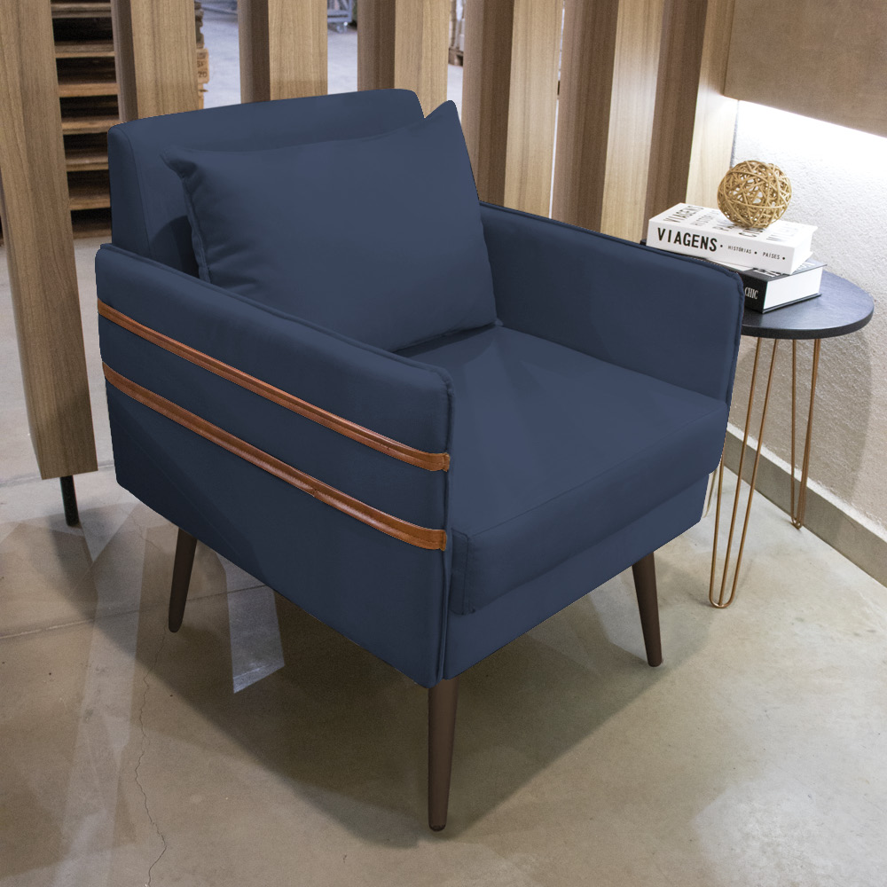 Poltrona Mari Suede Azul Marinho Pés Palito de Ferro Marrom - D'Rossi