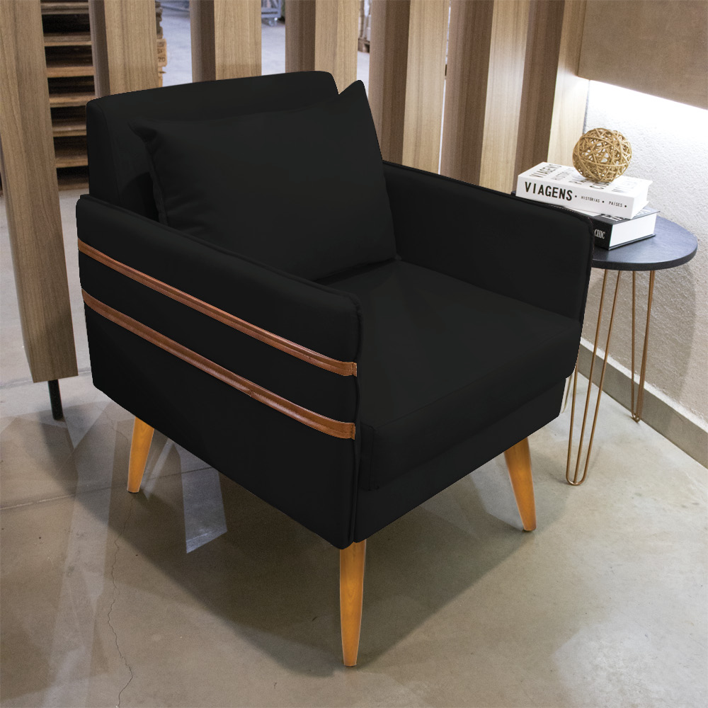Poltrona Mari Suede Preto Pés Palito Castanho - D'Rossi
