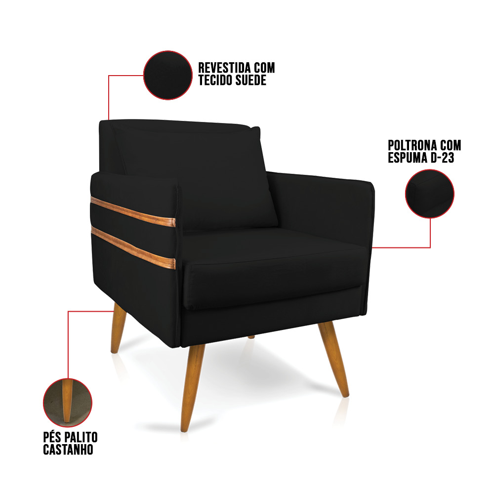 Poltrona Mari Suede Preto Pés Palito Castanho - D'Rossi