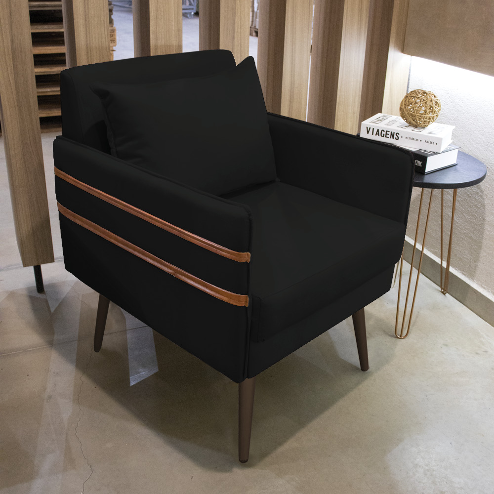 Poltrona Mari Suede Preto Pés Palito de Ferro Marrom - D'Rossi
