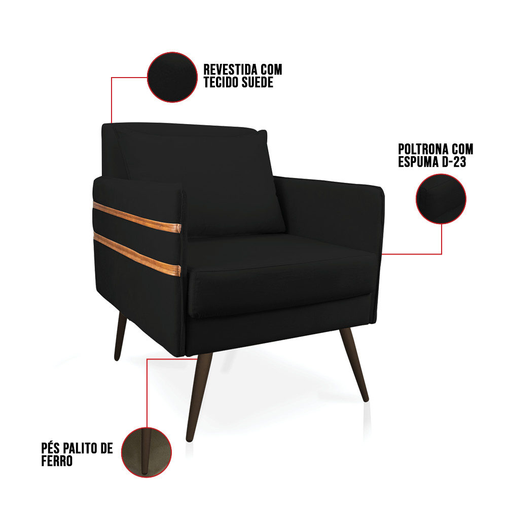 Poltrona Mari Suede Preto Pés Palito de Ferro Marrom - D'Rossi