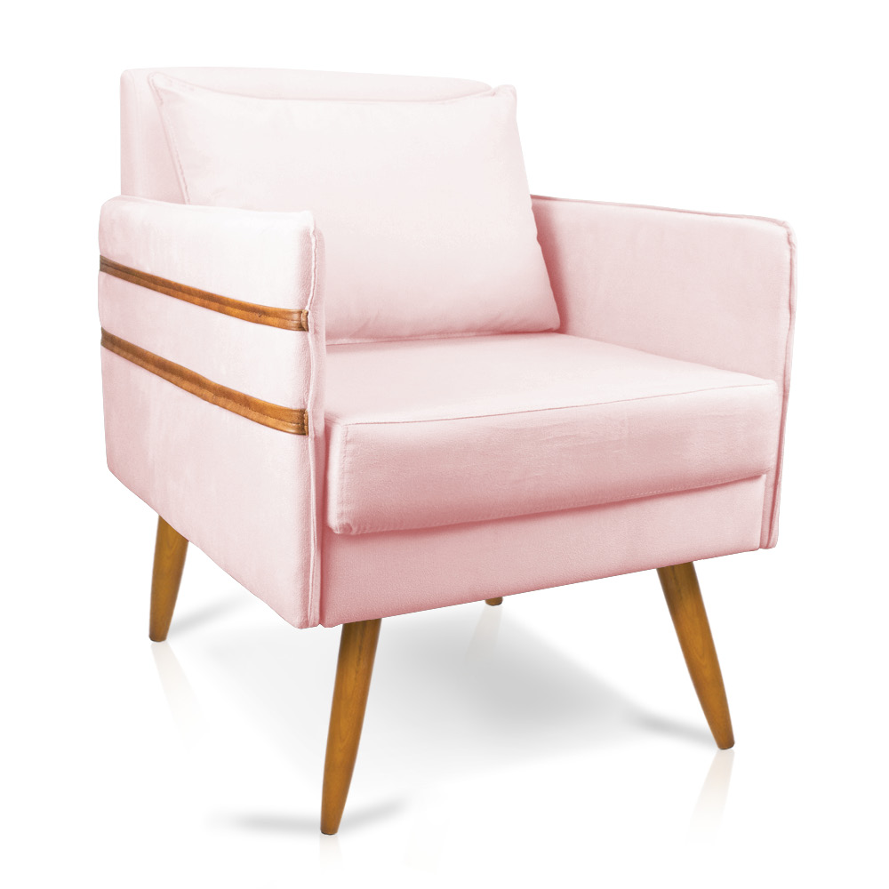 Poltrona Mari Suede Rosa Bebê Pés Palito Castanho - D'Rossi