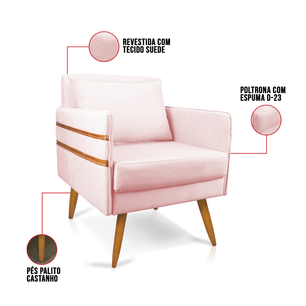 Poltrona Mari Suede Rosa Bebê Pés Palito Castanho - D'Rossi