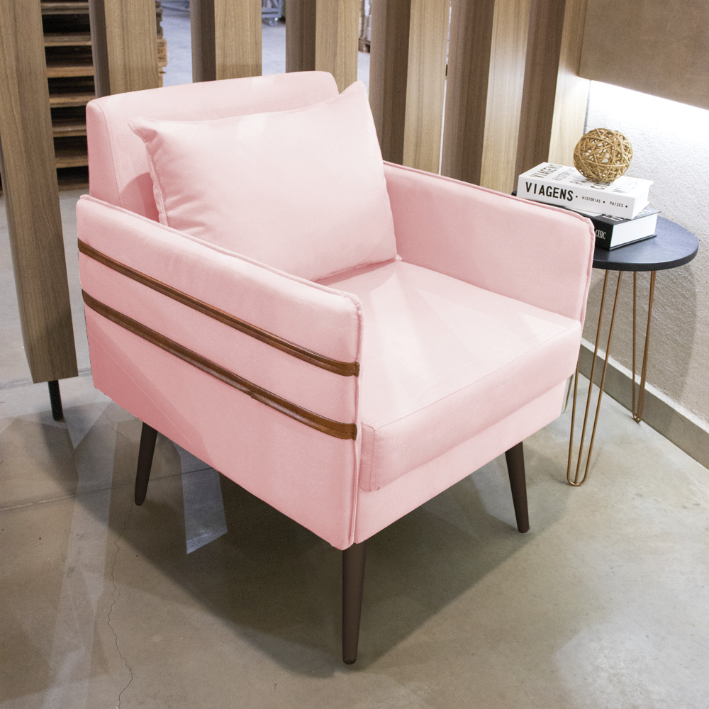 Poltrona Mari Suede Rosa Bebê Pés Palito de Ferro Marrom - D'Rossi