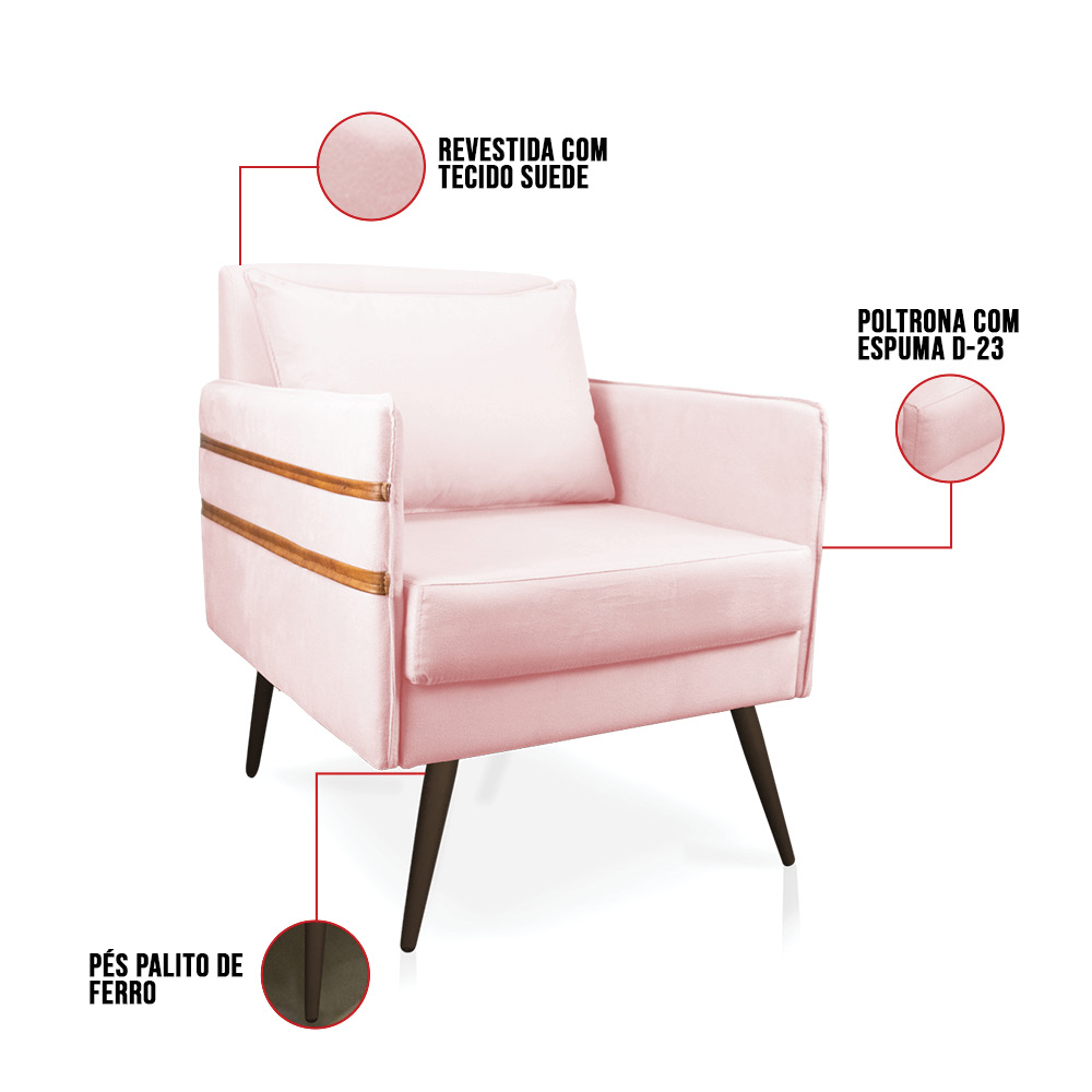 Poltrona Mari Suede Rosa Bebê Pés Palito de Ferro Marrom - D'Rossi