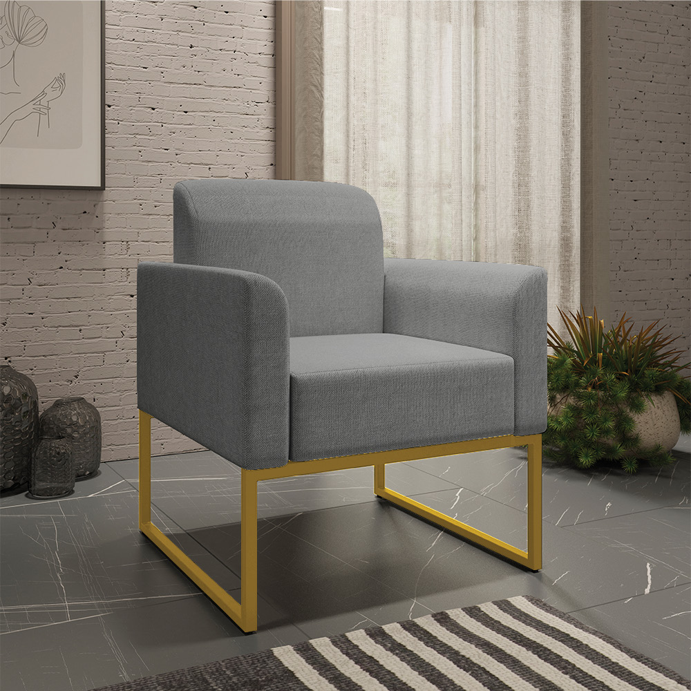 Poltrona Marisa Linho Grafite A26 Base Industrial Metálica Dourado - D'Rossi