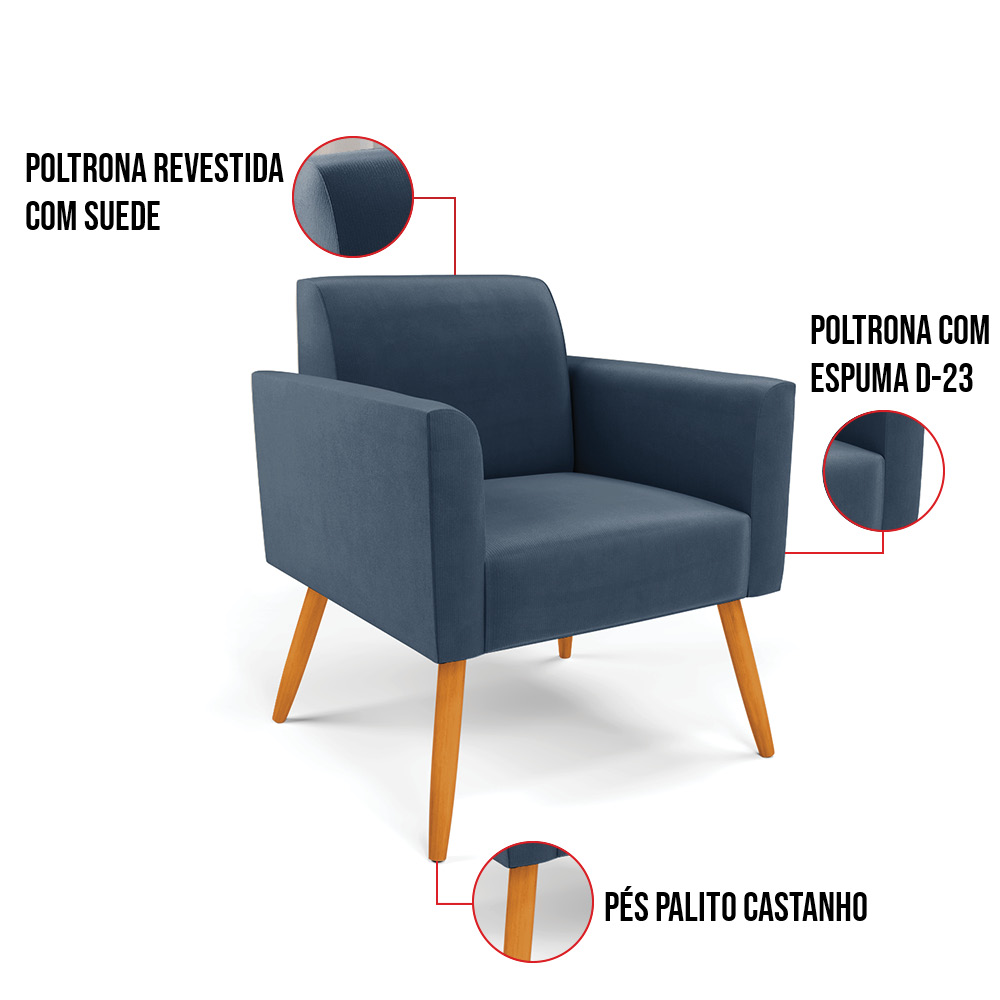 Poltrona Marisa Suede Azul Marinho Pés Palito Castanho D'Rossi