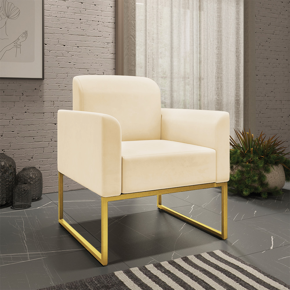 Poltrona Marisa Suede Bege Base Industrial Metálica Dourado D'Rossi