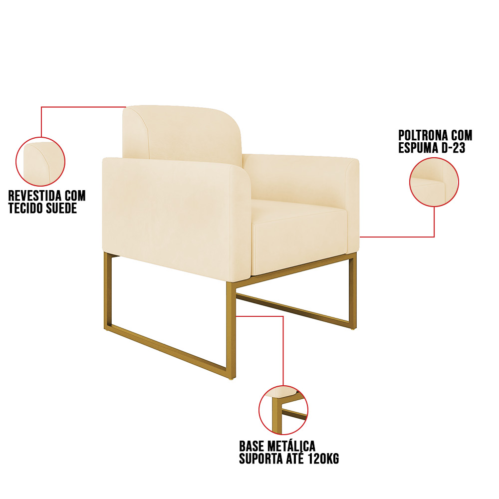 Poltrona Marisa Suede Bege Base Industrial Metálica Dourado D'Rossi