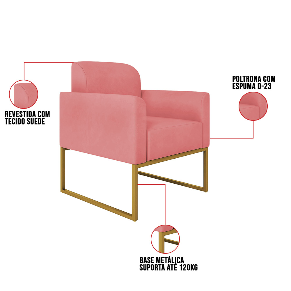 Poltrona Marisa Suede Rose Base Metálica Dourado D'Rossi