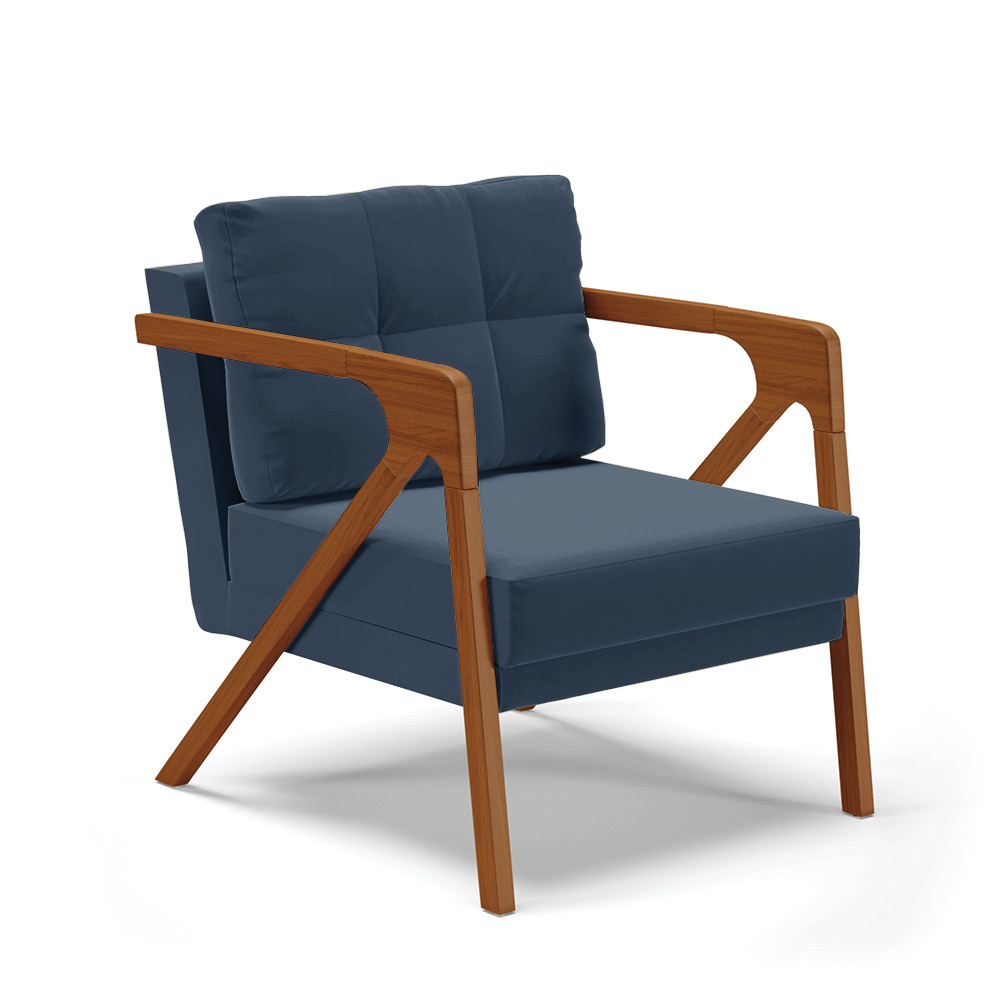 Poltrona Melissa Suede Azul Marinho Base de Madeira Castanho - D'Rossi