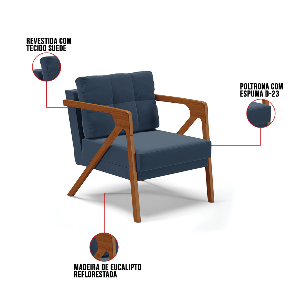 Poltrona Melissa Suede Azul Marinho Base de Madeira Castanho - D'Rossi