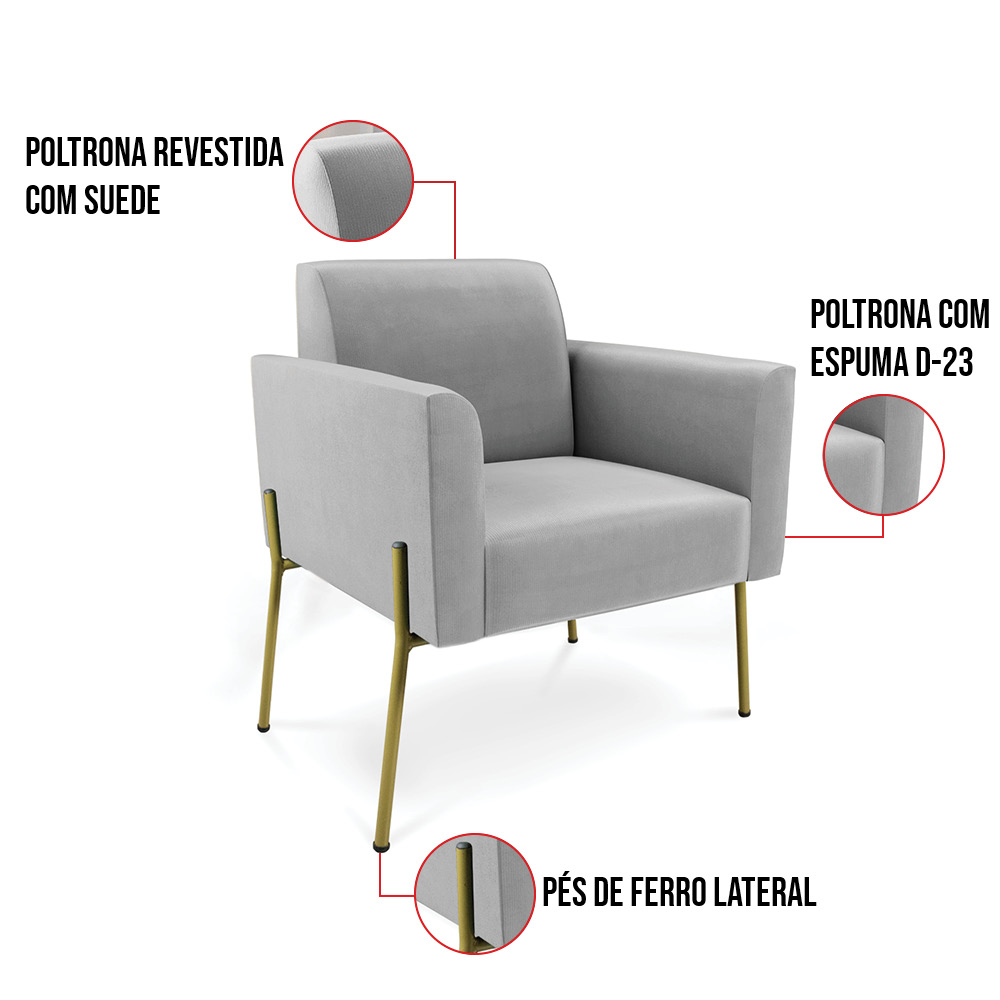 Poltrona Pé de Ferro Dourado Decorativa Kit 2 Marisa Suede Cinza D03 - D'Rossi