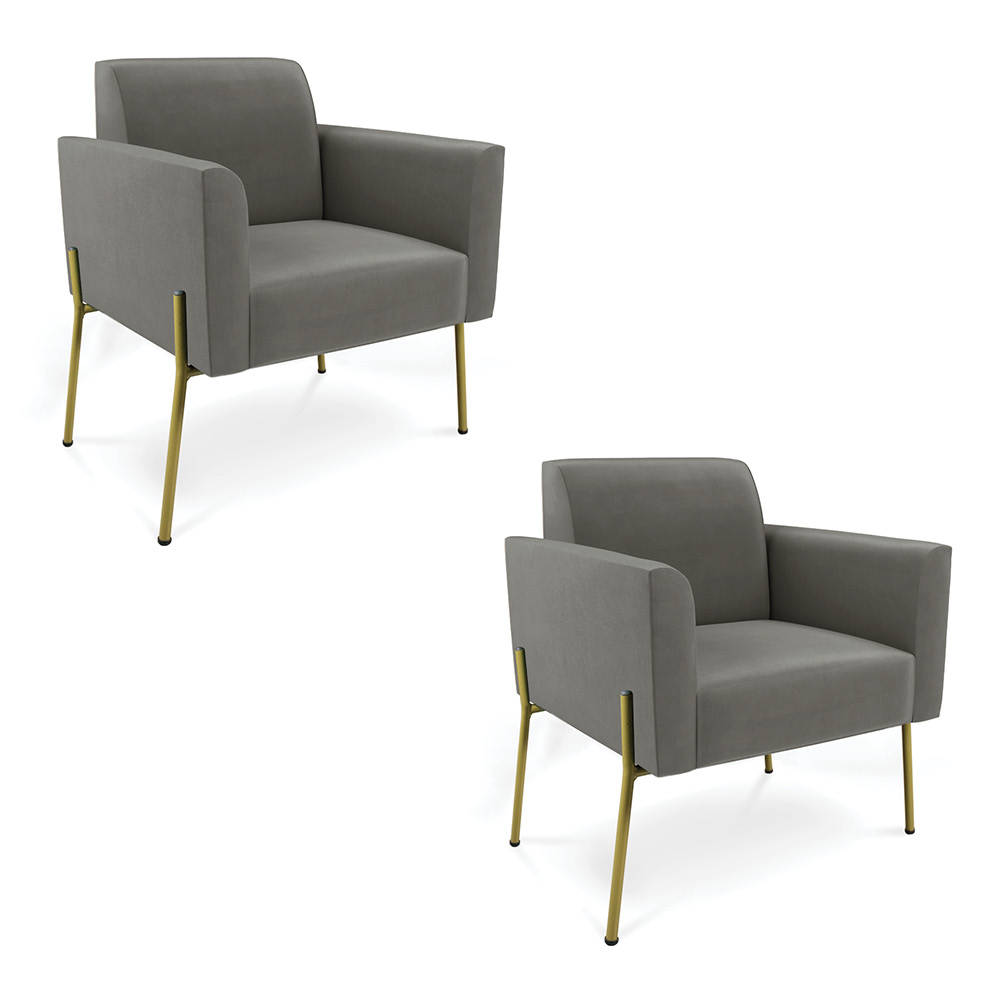 Poltrona Pé de Ferro Dourado Decorativa Kit 2 Marisa Suede Grafite D03 - D'Rossi
