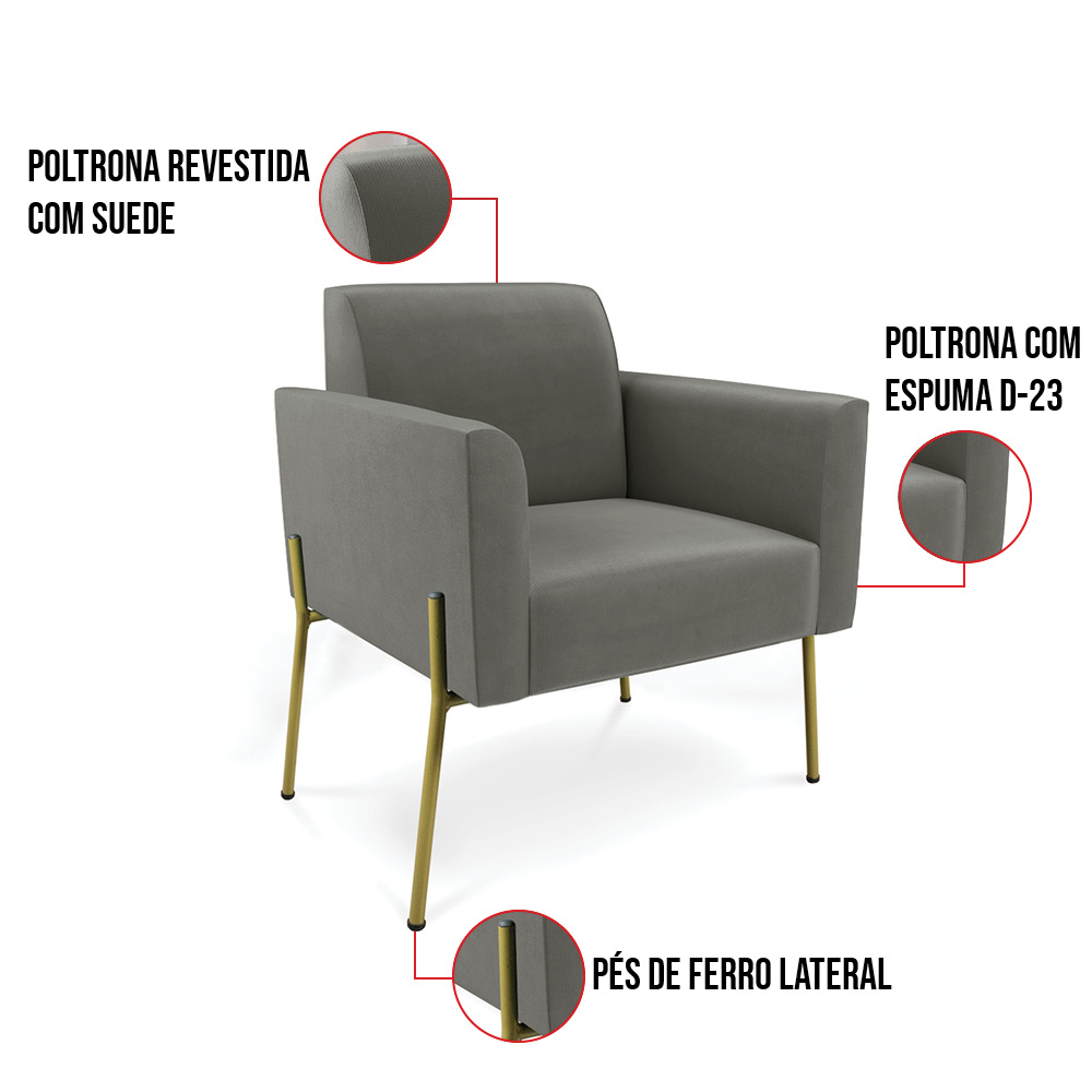 Poltrona Pé de Ferro Dourado Decorativa Kit 2 Marisa Suede Grafite D03 - D'Rossi
