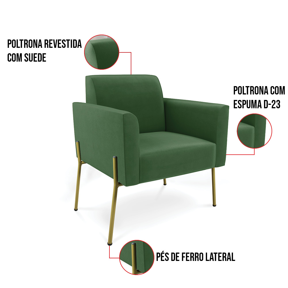 Poltrona Pé de Ferro Dourado Decorativa Kit 2 Marisa Suede Verde D03 - D'Rossi