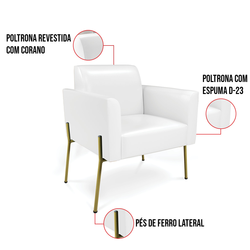 Poltrona Pé de Ferro Dourado Kit 2 para Sala Marisa Corano Branco D03 - D'Rossi