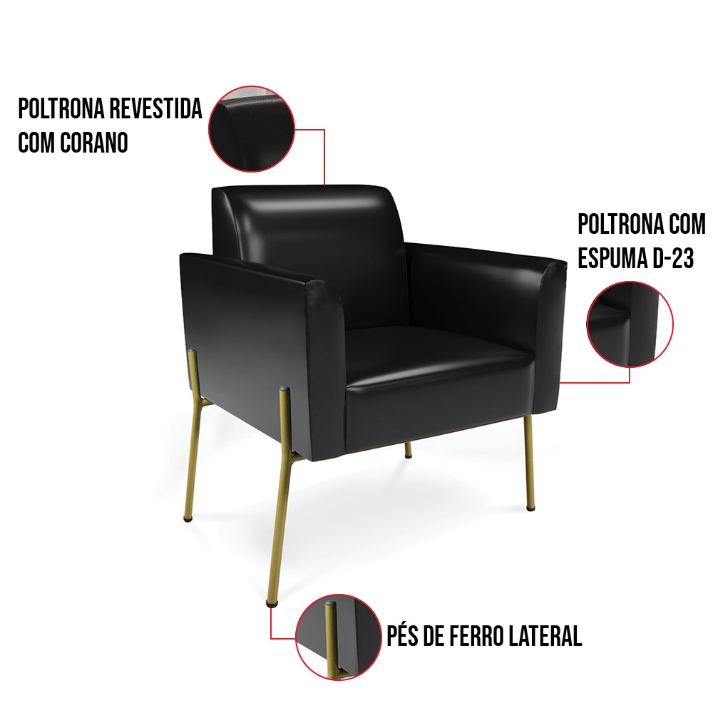 Poltrona Pé de Ferro Dourado Kit 2 para Sala Marisa Corano Preto D03 - D'Rossi