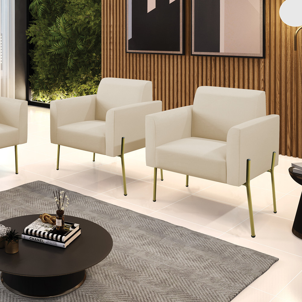 Poltrona Pé de Ferro Dourado Kit 2 para Sala Marisa Corino Bege D03 - D'Rossi