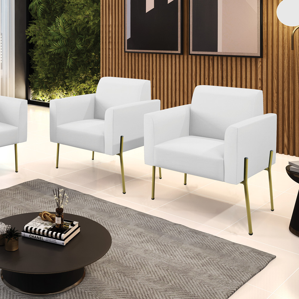 Poltrona Pé de Ferro Dourado Kit 2 para Sala Marisa Corino Branco D03 - D'Rossi