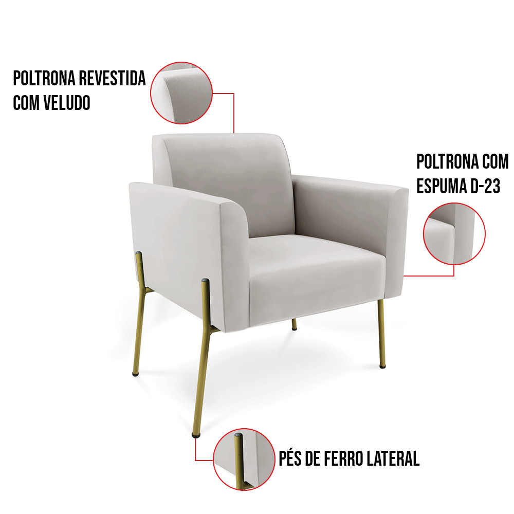 Poltrona Pé de Ferro Dourado para Recepção Marisa Veludo Cinza D03 - D'Rossi