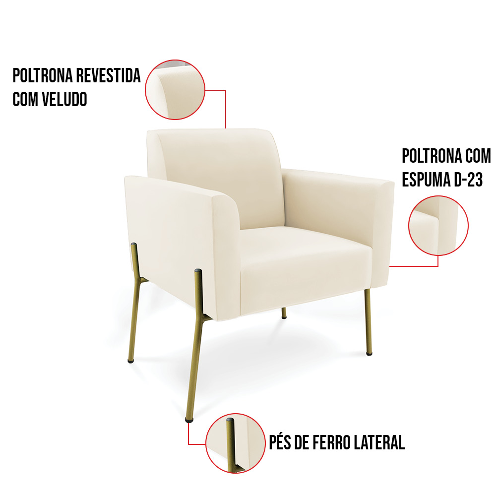 Poltrona Pé de Ferro Dourado para Salão Kit 2 Marisa Veludo Bege D03 - D'Rossi