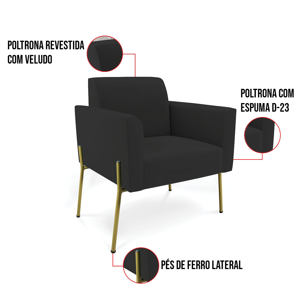 Poltrona Pé de Ferro Dourado para Salão Kit 2 Marisa Veludo Preto D03 - D'Rossi
