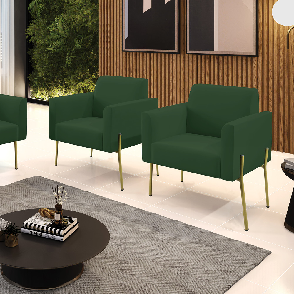 Poltrona Pé de Ferro Dourado para Salão Kit 2 Marisa Veludo Verde D03 - D'Rossi