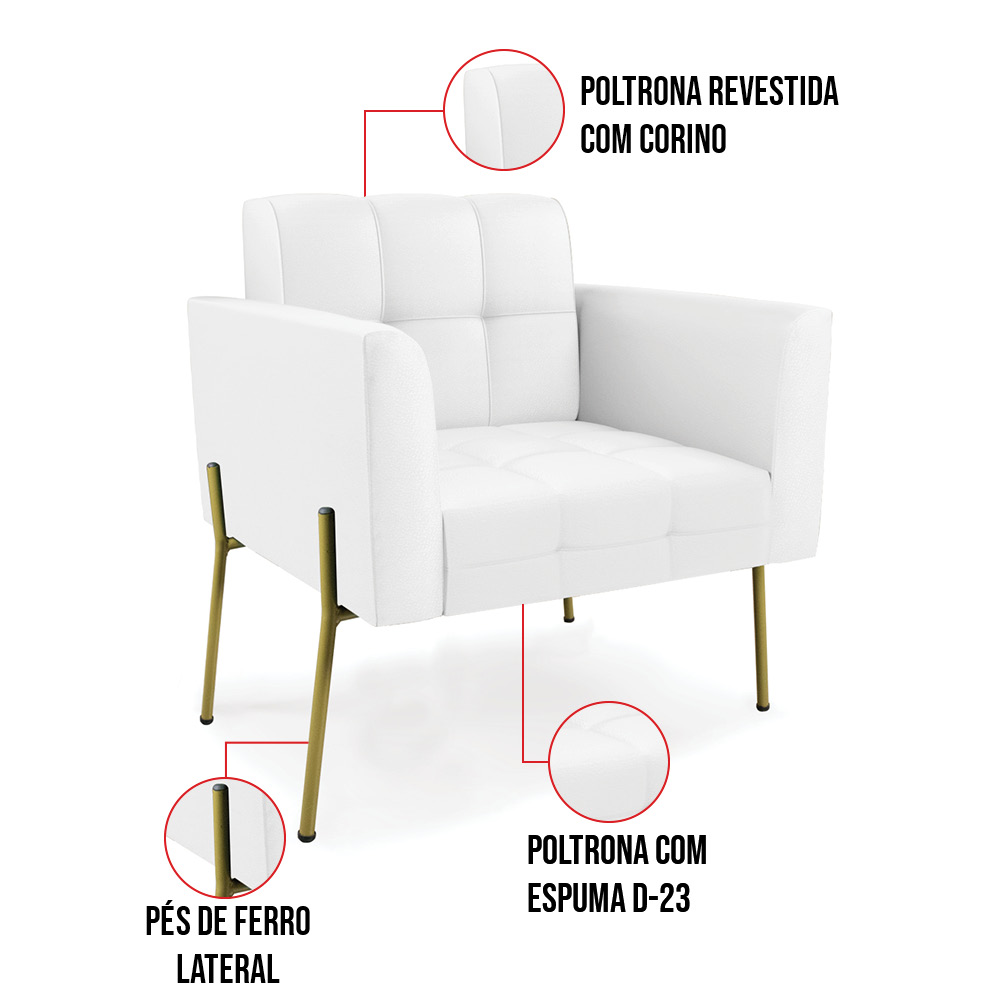 Poltrona Pé de Ferro Dourado para Sala Elisa Corino Branco D03 - D'Rossi