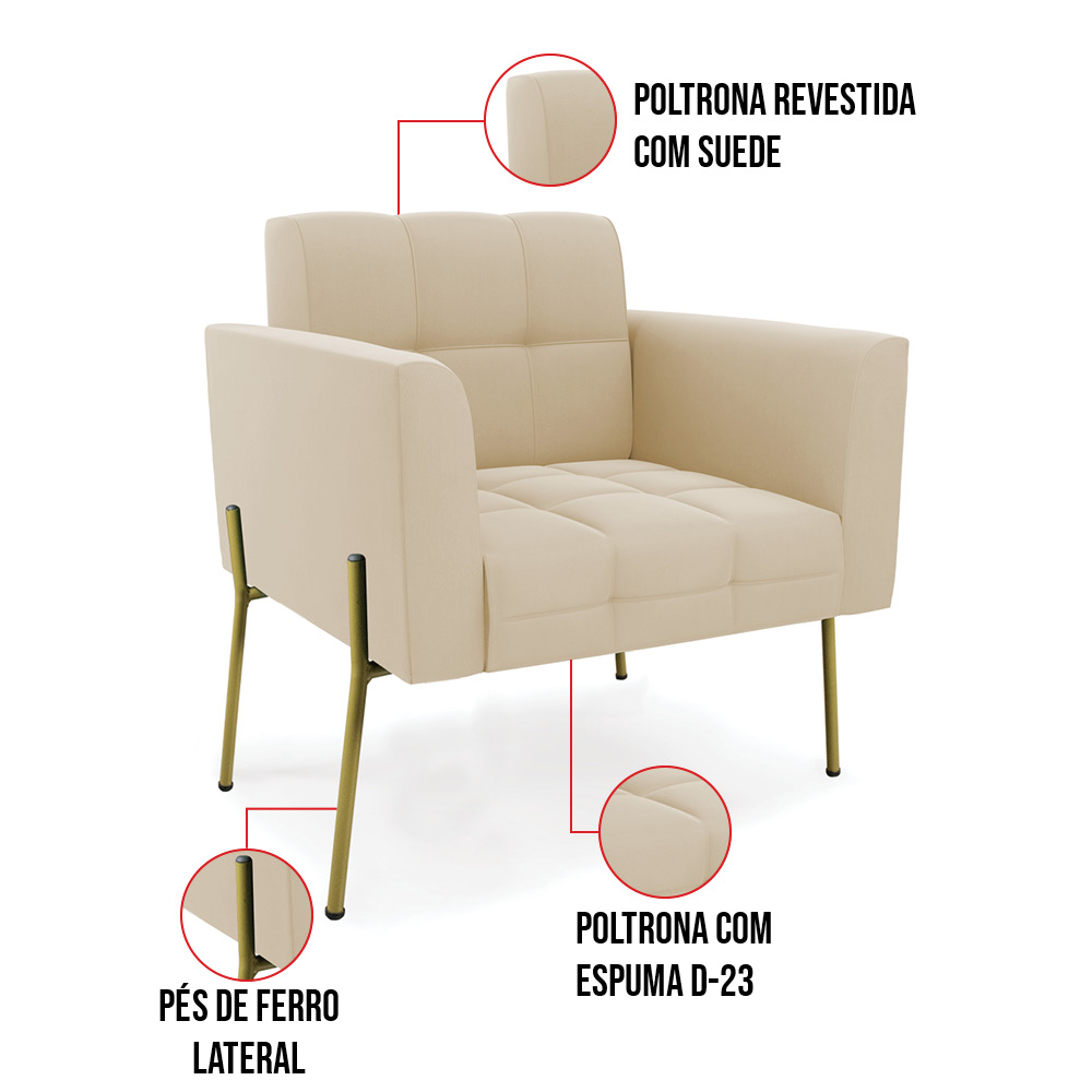 Poltrona Pé de Ferro Dourado para Sala Elisa Suede Bege D03 - D'Rossi