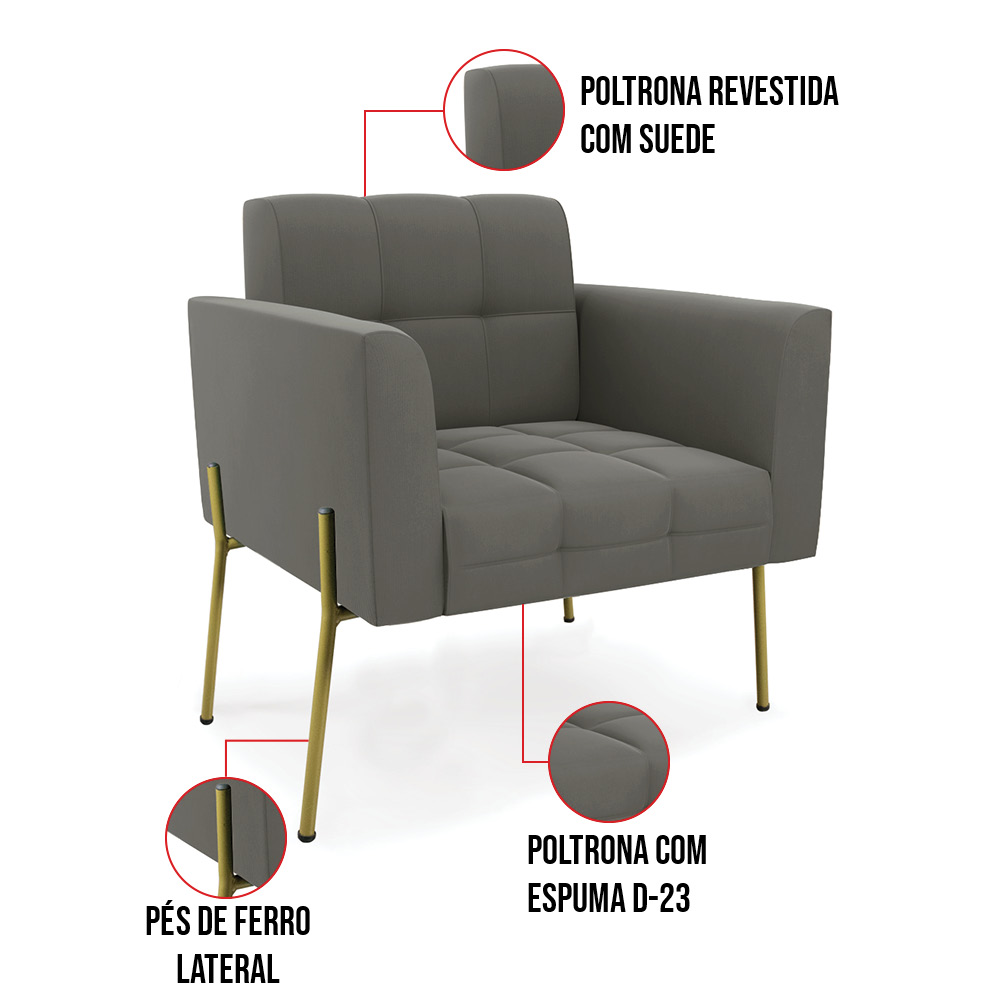 Poltrona Pé de Ferro Dourado para Sala Elisa Suede Grafite D03 - D'Rossi