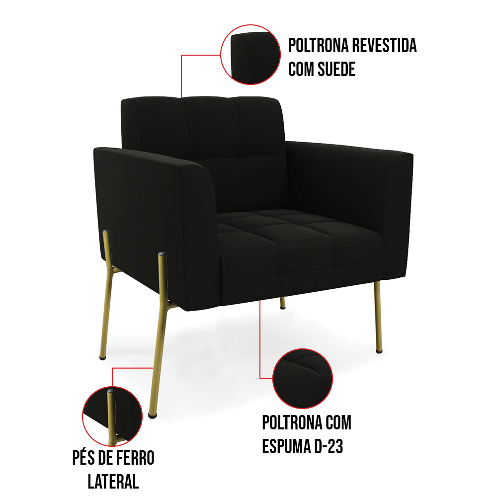 Poltrona Pé de Ferro Dourado para Sala Elisa Suede Preto D03 - D'Rossi