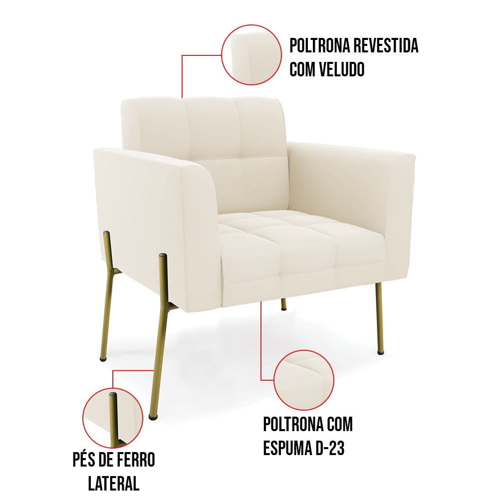 Poltrona Pé de Ferro Dourado para Sala Elisa Veludo Bege D03 - D'Rossi