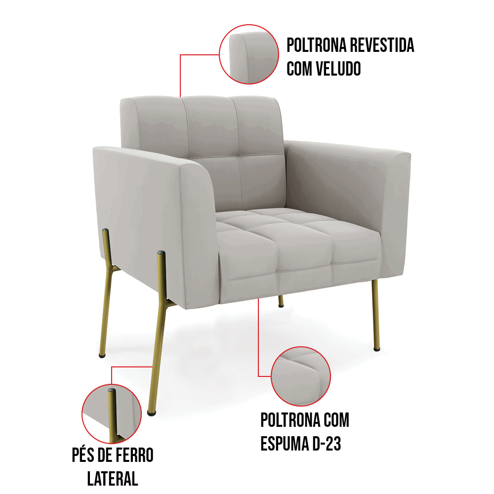 Poltrona Pé de Ferro Dourado para Sala Elisa Veludo Cinza D03 - D'Rossi