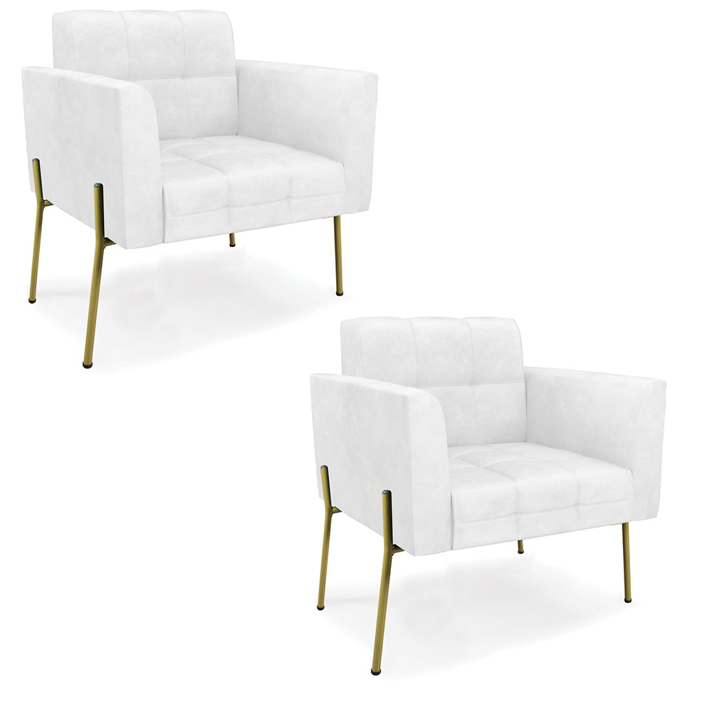 Poltrona Pé de Ferro Dourado para Sala Kit 2 Elisa Corano Branco D03 - D'Rossi