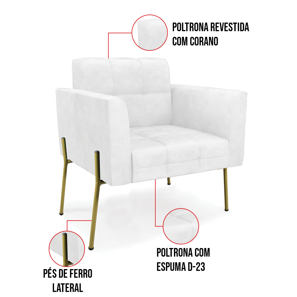 Poltrona Pé de Ferro Dourado para Sala Kit 2 Elisa Corano Branco D03 - D'Rossi