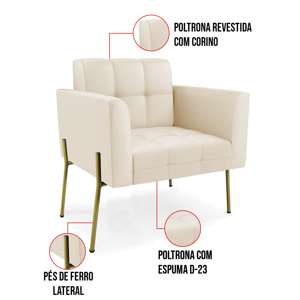 Poltrona Pé de Ferro Dourado para Sala Kit 2 Elisa Corino Bege D03 - D'Rossi