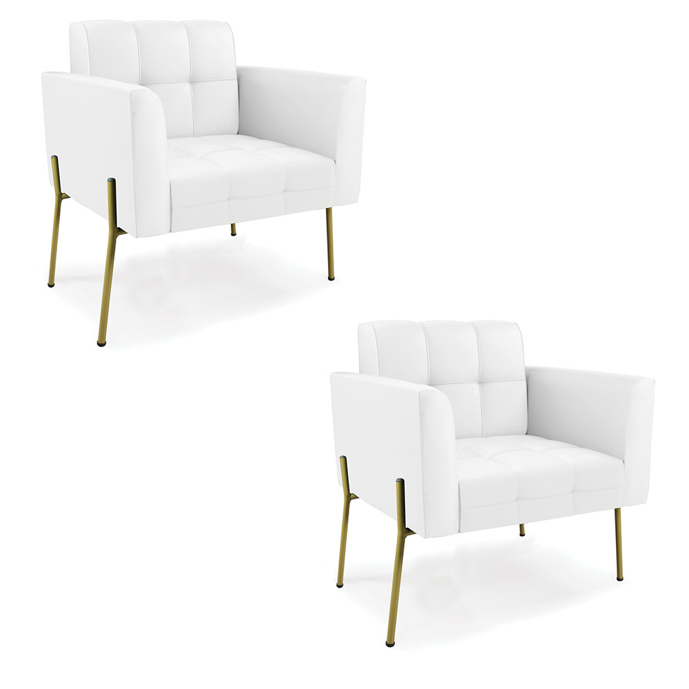 Poltrona Pé de Ferro Dourado para Sala Kit 2 Elisa Corino Branco D03 - D'Rossi