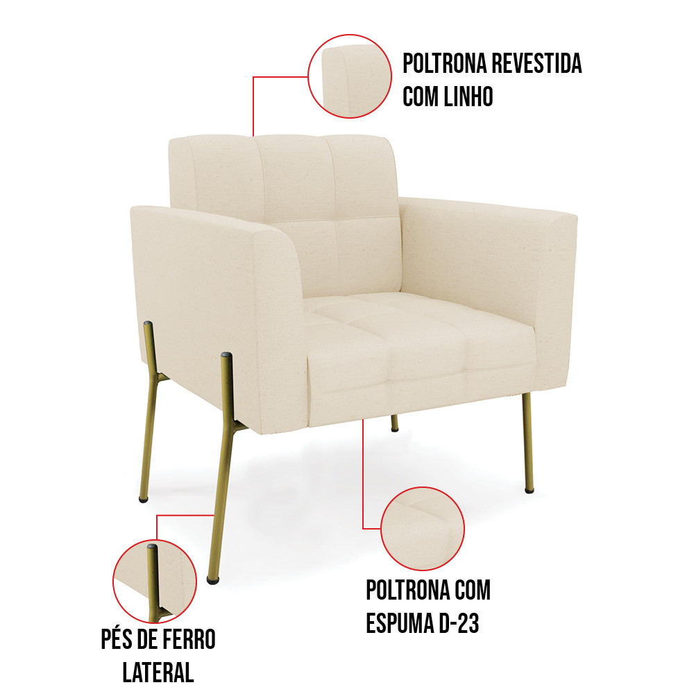 Poltrona Pé de Ferro Dourado para Sala Kit 2 Elisa Linho Bege A19 D03 - D'Rossi
