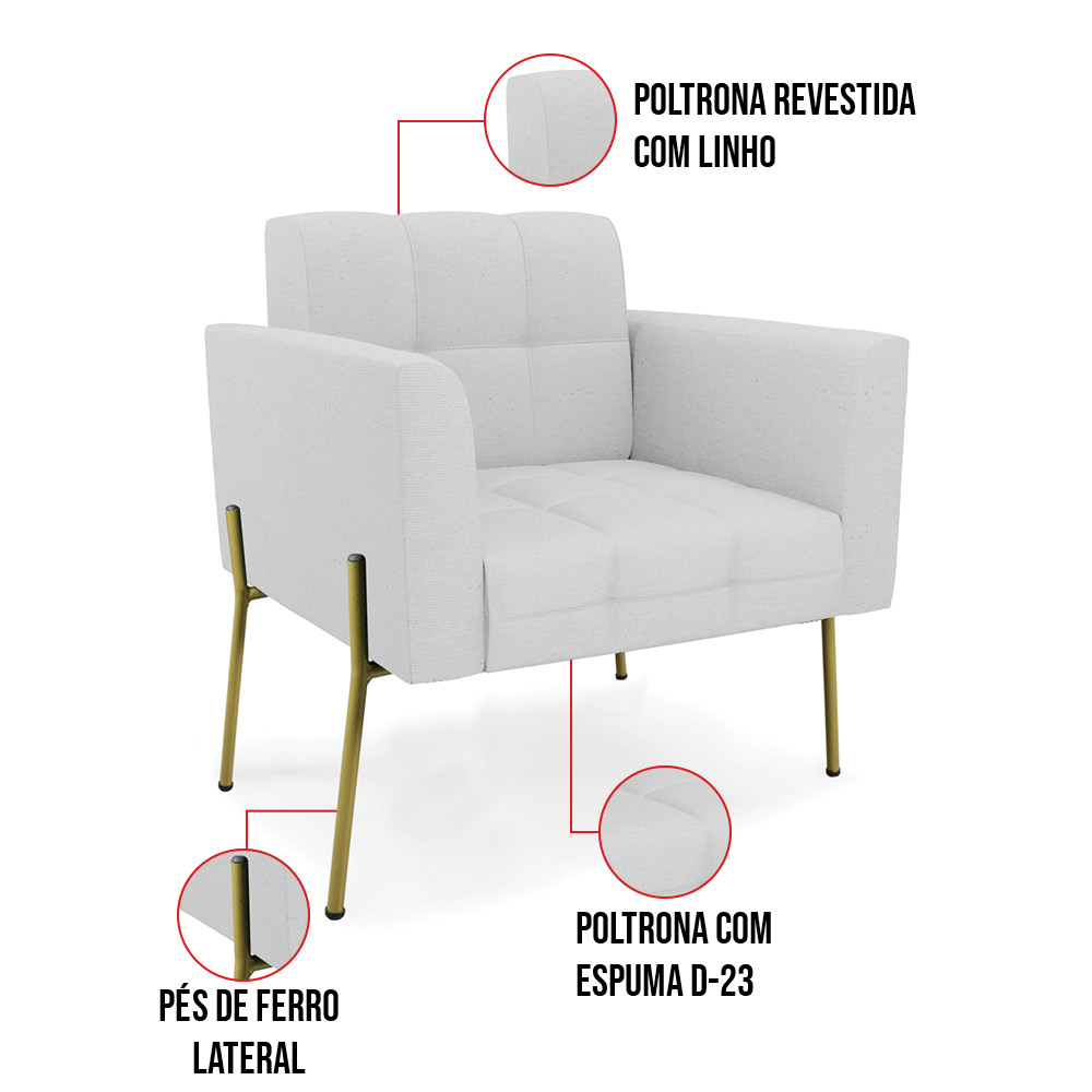 Poltrona Pé de Ferro Dourado para Sala Kit 2 Elisa Linho Cinza A05 D03 - D'Rossi