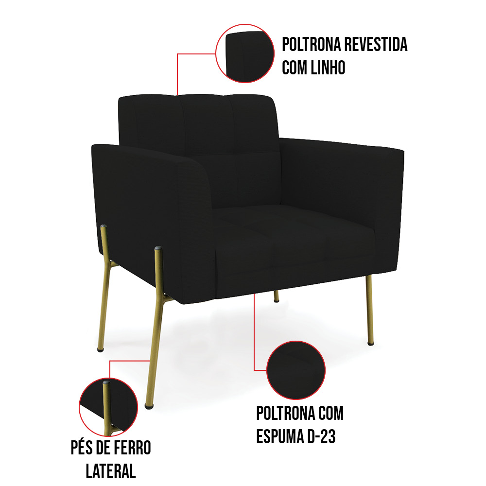 Poltrona Pé de Ferro Dourado para Sala Kit 2 Elisa Linho Preto A79 D03 - D'Rossi