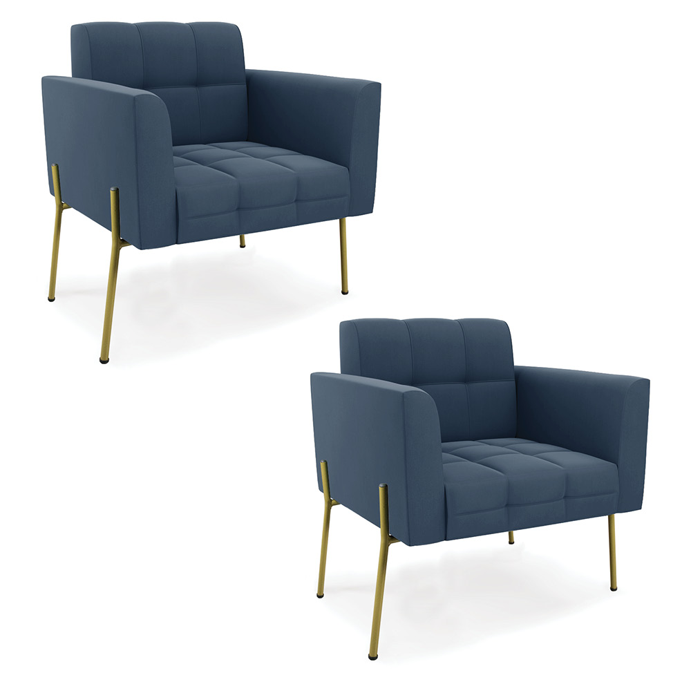 Poltrona Pé de Ferro Dourado para Sala Kit 2 Elisa Suede Azul Marinho D03 - D'Rossi