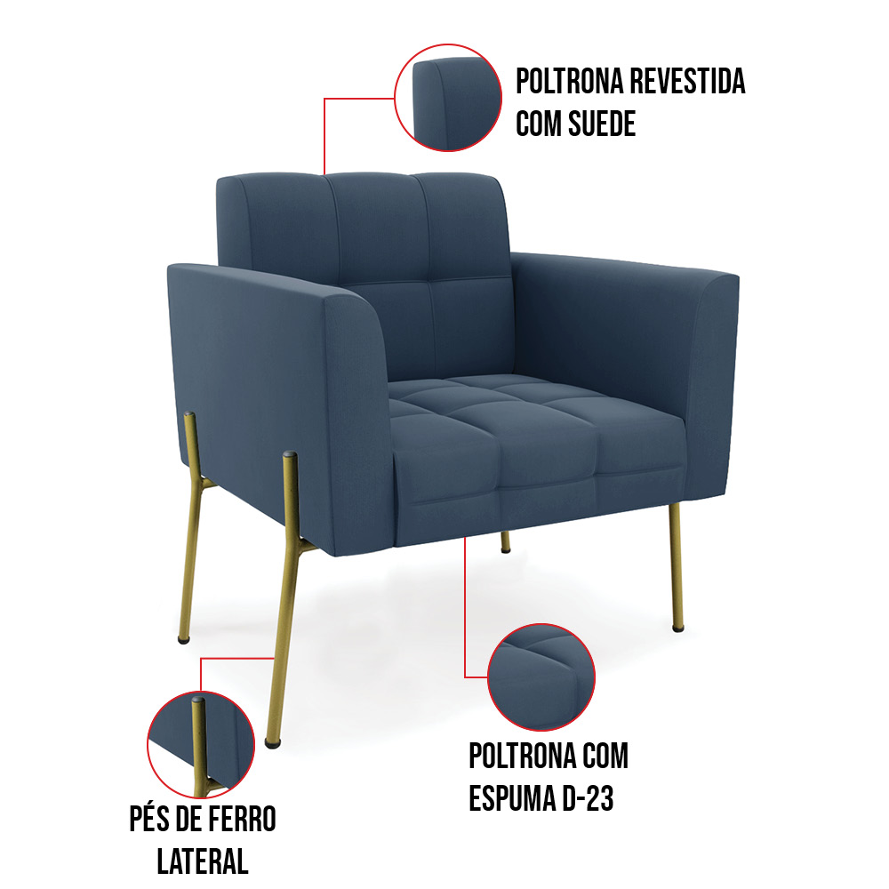 Poltrona Pé de Ferro Dourado para Sala Kit 2 Elisa Suede Azul Marinho D03 - D'Rossi