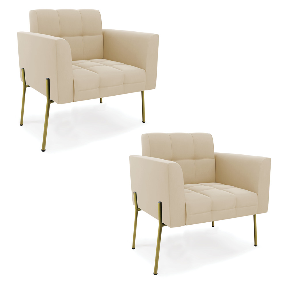 Poltrona Pé de Ferro Dourado para Sala Kit 2 Elisa Suede Bege D03 - D'Rossi