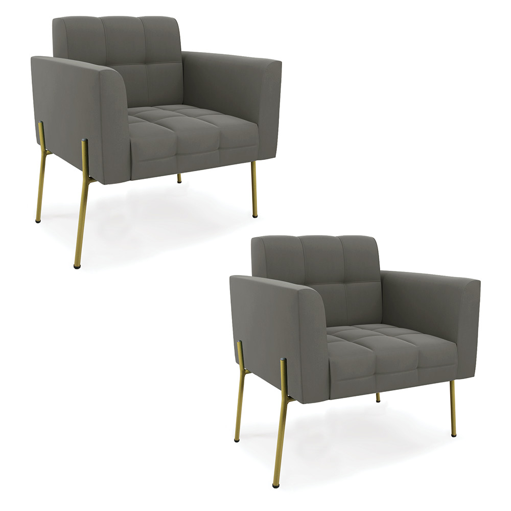 Poltrona Pé de Ferro Dourado para Sala Kit 2 Elisa Suede Grafite D03 - D'Rossi
