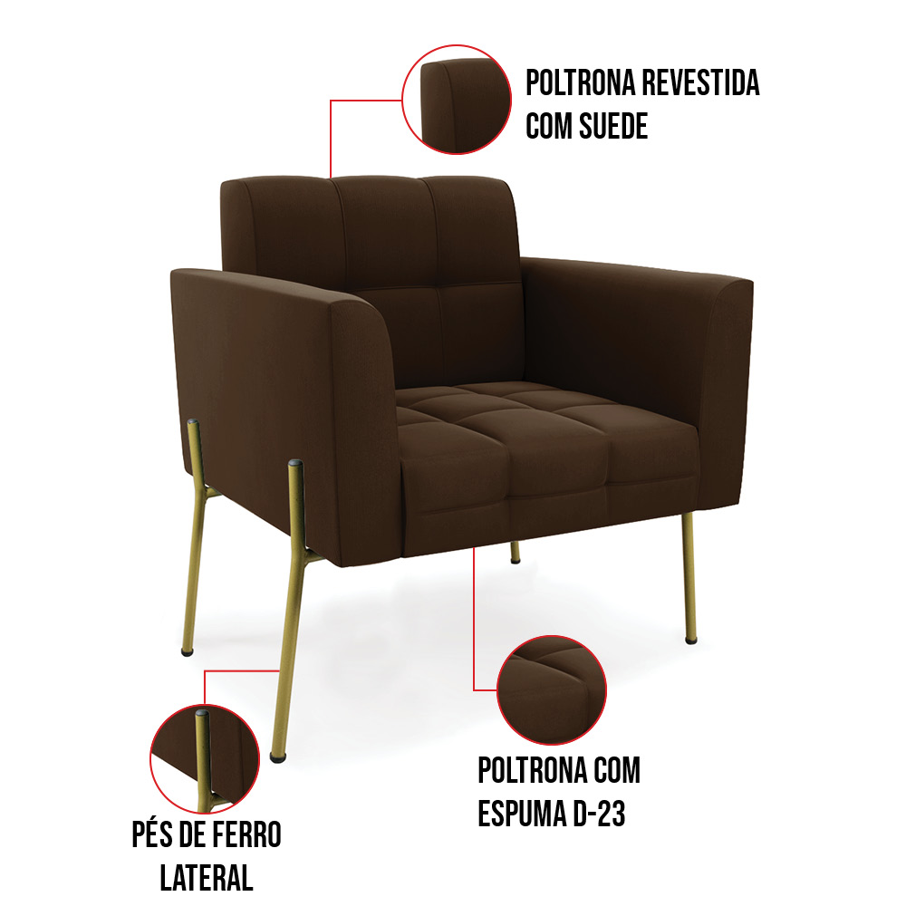 Poltrona Pé de Ferro Dourado para Sala Kit 2 Elisa Suede Marrom D03 - D'Rossi